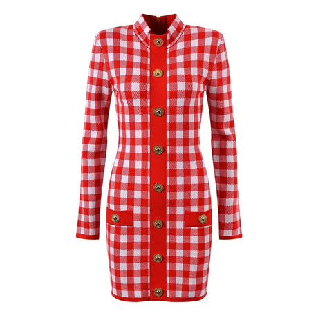Naomi Mini Dress - Tailored Silhouette - Bold Checkered Pattern - Slim Fit - Gold - tone Buttons - Timeless Gingham Trend