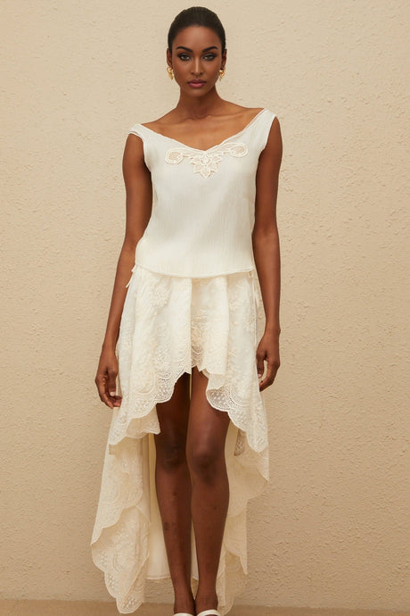 Naomi Top & Skirt - Sleeveless - Lace Trim - Rear Tie Fastening - High Rise - Scallop Hem - Asymmetrical Design - Maxi Length