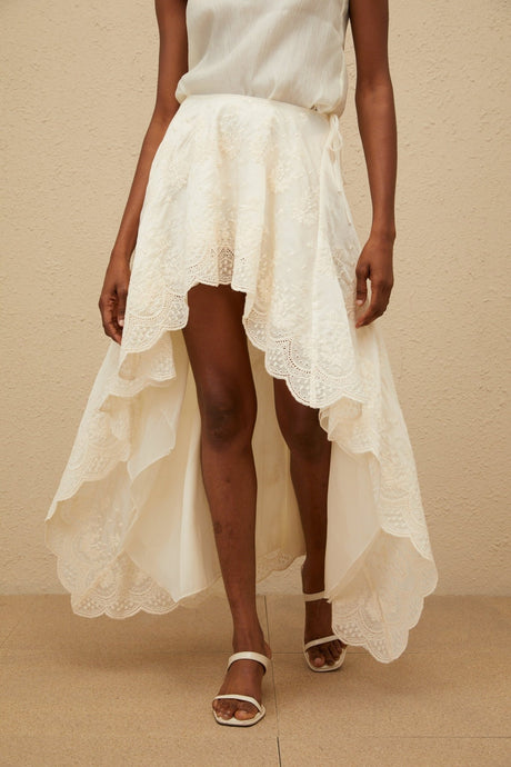 Naomi Top & Skirt - Sleeveless - Lace Trim - Rear Tie Fastening - High Rise - Scallop Hem - Asymmetrical Design - Maxi Length