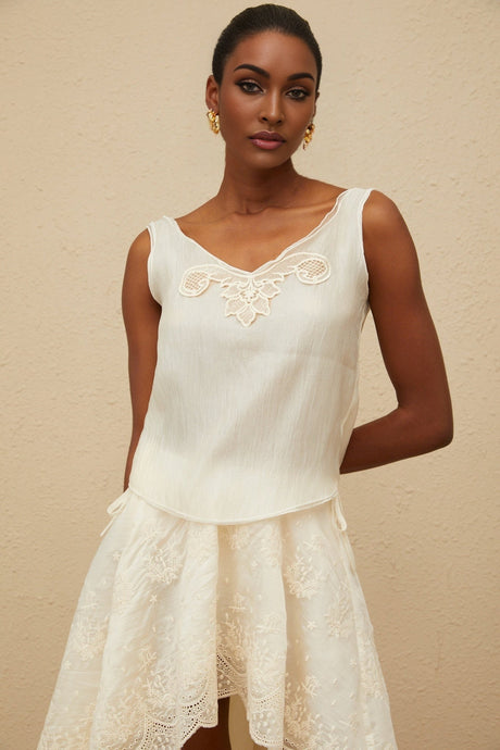 Naomi Top & Skirt - Sleeveless - Lace Trim - Rear Tie Fastening - High Rise - Scallop Hem - Asymmetrical Design - Maxi Length