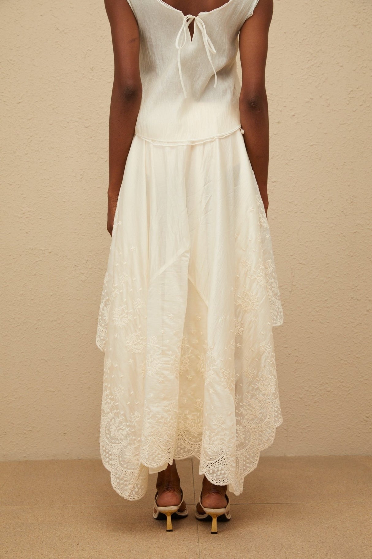 Naomi Top & Skirt - Sleeveless - Lace Trim - Rear Tie Fastening - High Rise - Scallop Hem - Asymmetrical Design - Maxi Length