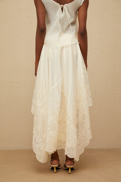 Naomi Top & Skirt - Sleeveless - Lace Trim - Rear Tie Fastening - High Rise - Scallop Hem - Asymmetrical Design - Maxi Length