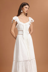Naomi White Maxi Dress with Sweetheart Neckline and Ruffled Sleeves