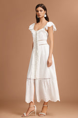 Naomi White Maxi Dress with Ruffled Sleeves and Embroidery