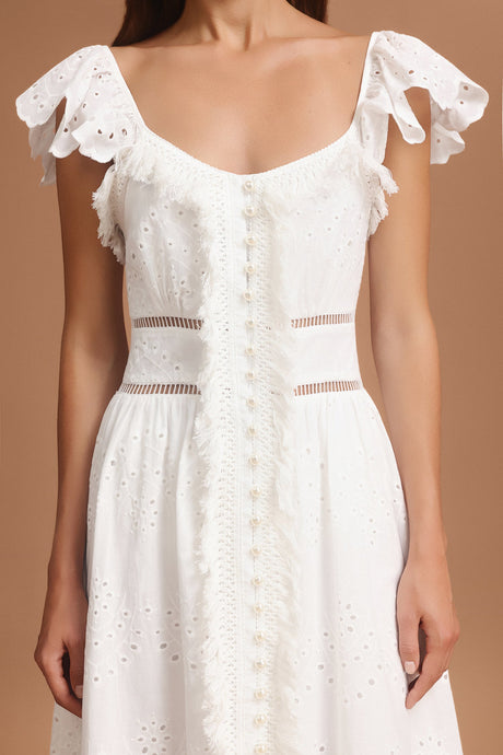 Naomi White Maxi Dress with Ruffled Sleeves and Embroidery