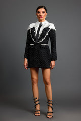 Natalia Black Sequin Beaded Mini Dress with White Collar
