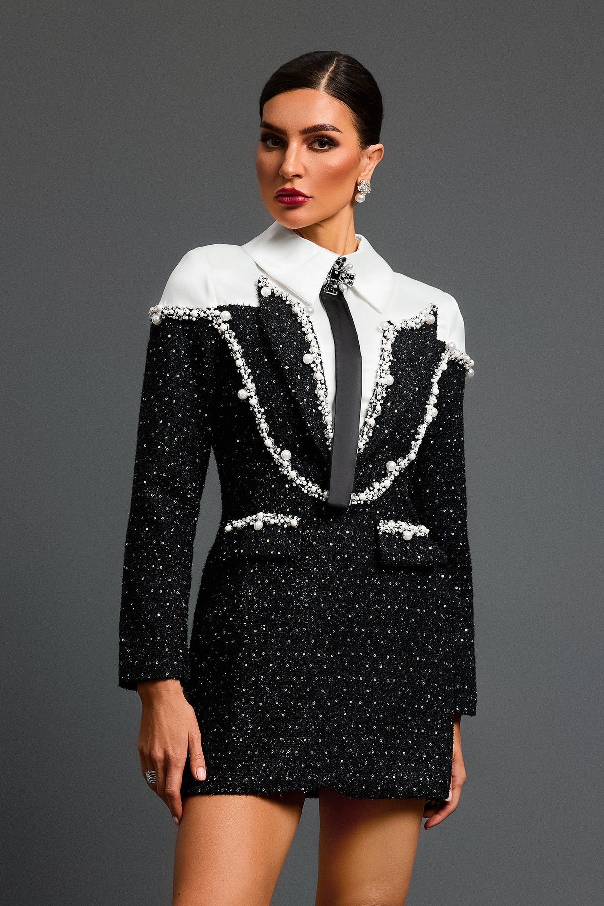 Natalia Black Sequin Beaded Mini Dress with White Collar and Long Sleeves