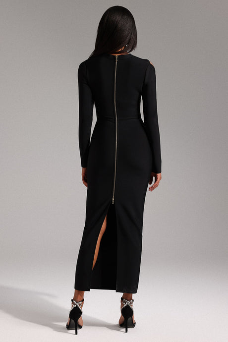 Natalie Black Hollow Out Long Sleeve Gown with Embellishments