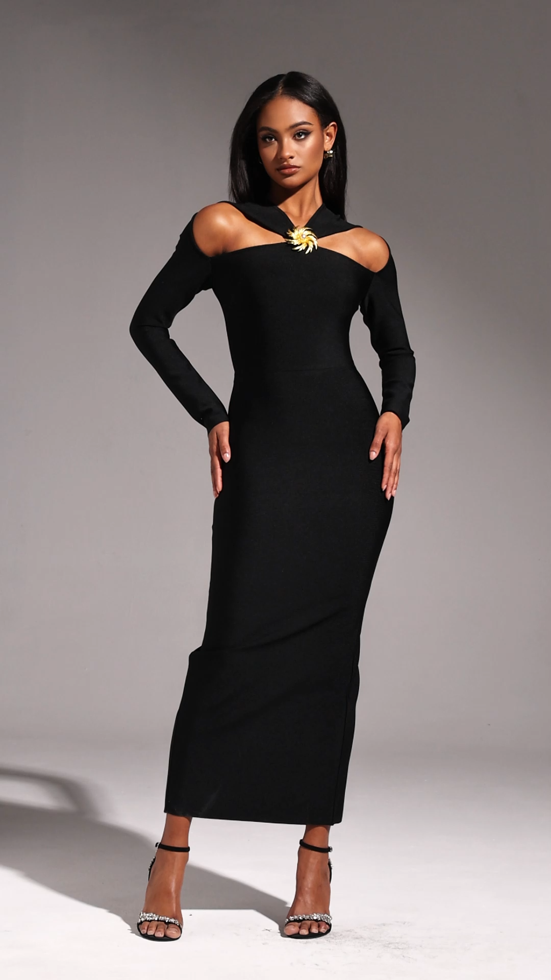 Natalie Black Hollow Out Long Sleeve Gown