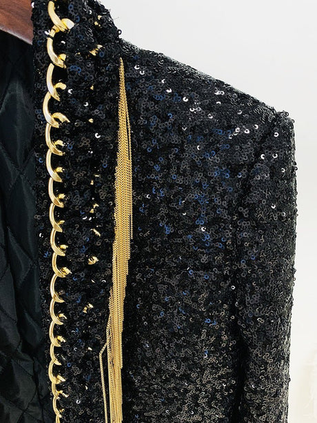 Natalie Blazer - Tailored Silhouette - Sequin Embellishments - Fringed Lapels - Slim Fit - Versatile Styling
