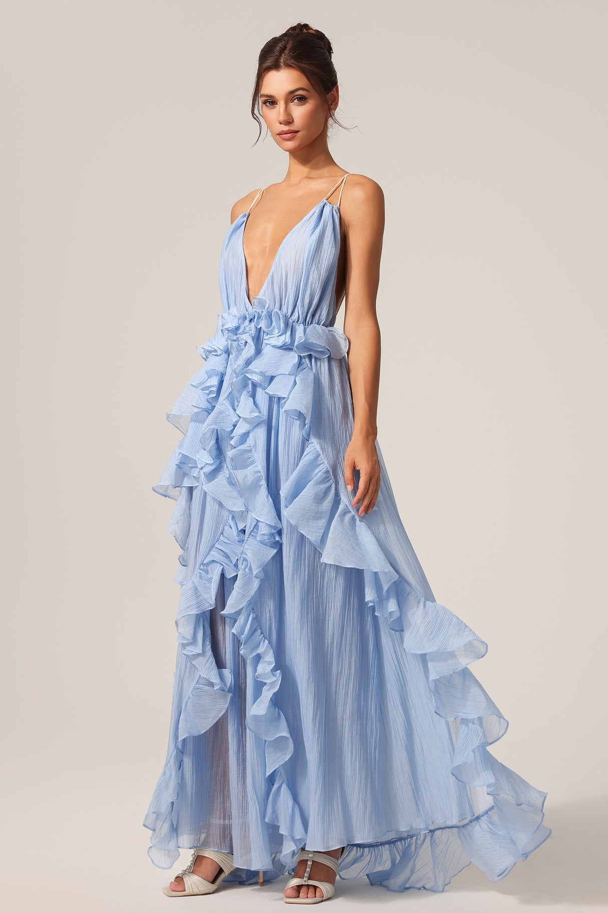 Natalie Blue Backless Ruffled Plunging Neckline Dress