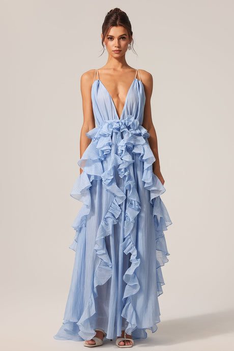 Natalie Blue Ruffled Plunging Neckline Backless Sleeveless Dress