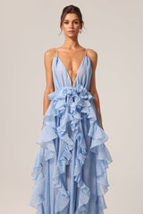 Natalie Blue Ruffled Plunging Neckline Sleeveless Backless Maxi Dress