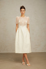 Natalie Midi Dress White Textured Panelled Braided Bead