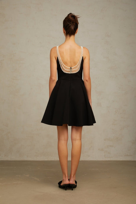 Natalie Mini Dress Black Pearl Flounce Hem