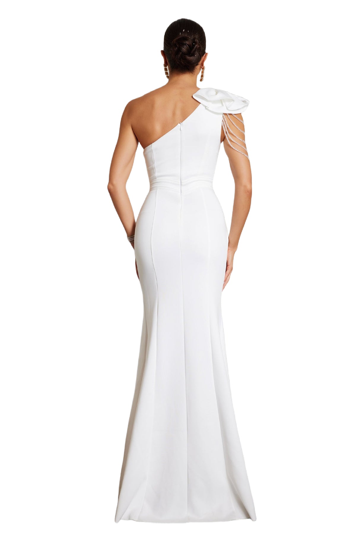 Natalie White One-Shoulder Flower Accent Cut-Out High Slit Dress
