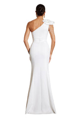 Natalie White One-Shoulder Flower Accent Cut-Out High Slit Dress