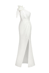 Natalie White One-Shoulder Flower Accent Cut-Out High Slit Formal Dress