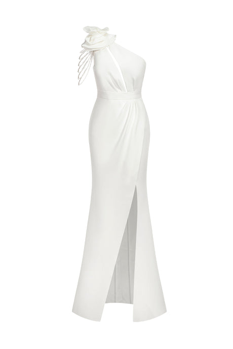 Natalie White One-Shoulder Flower Accent Cut-Out High Slit Formal Dress
