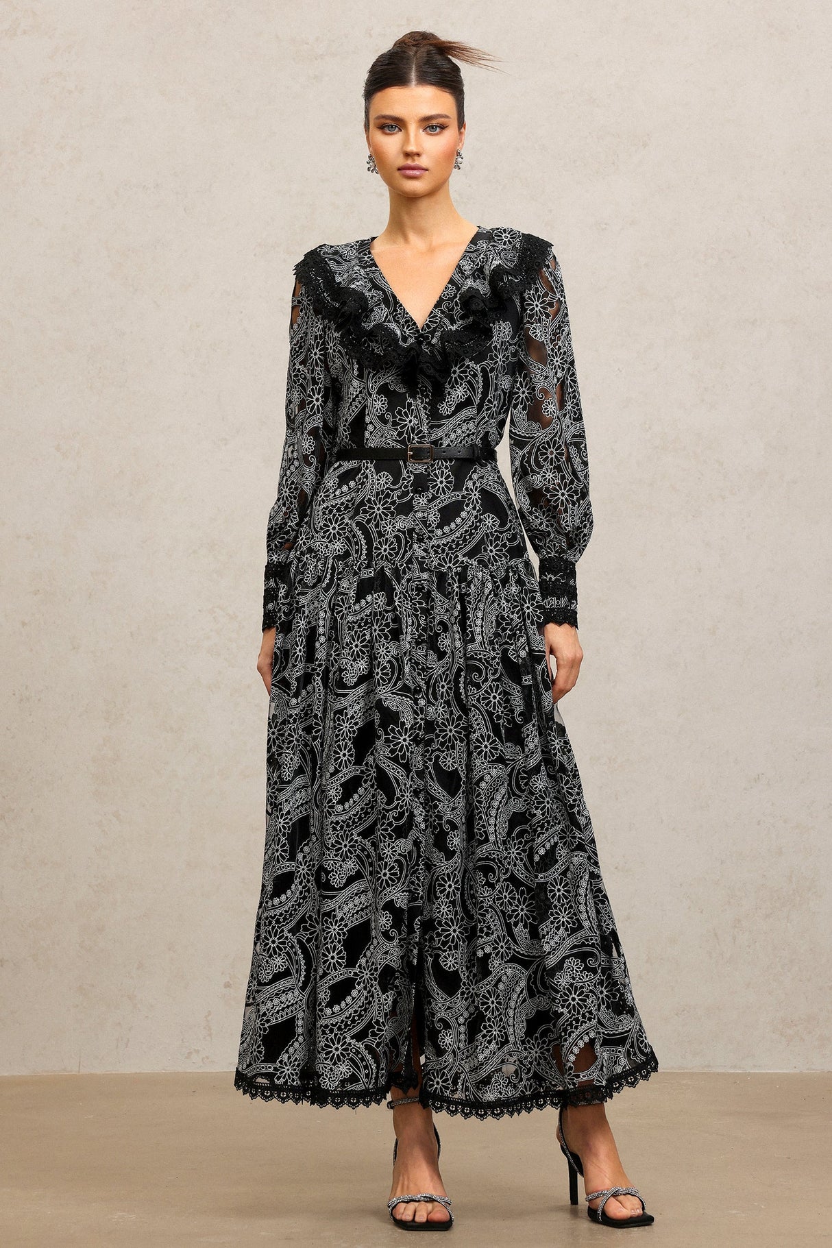 Natalina Black Lace Maxi Dress V-Neckline Long Sleeve Fitted Waist Evening Formal Occasion