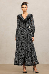 Natalina Black Lace Maxi Dress V-Neckline Long Sleeve Fitted Waist Evening Formal Occasion