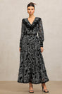 Natalina Black Lace Maxi Dress V-Neckline Long Sleeve Fitted Waist Evening Formal Occasion