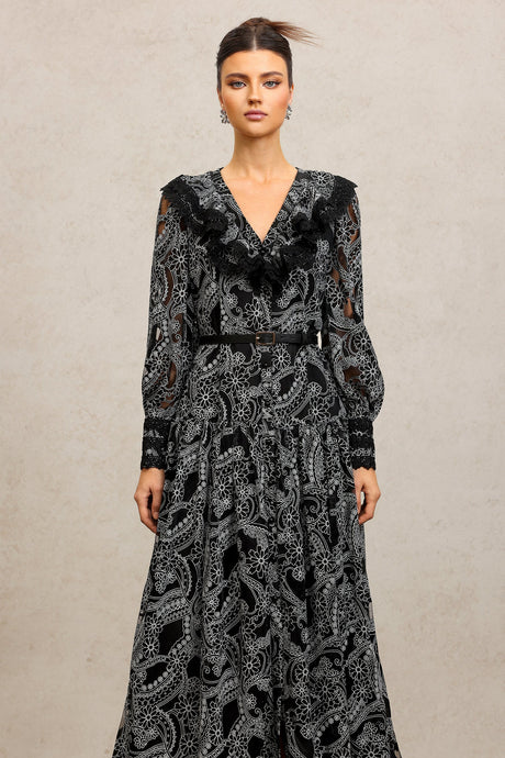 Natalina Black Lace Maxi Dress V-Neckline Long Sleeves Fitted Waist Evening Events Formal Occasion Elegant Sophisticated