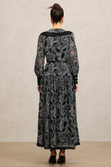 Natalina Black Lace Maxi Dress V-Neck Long Sleeve Formal Evening Events Fitted Waist