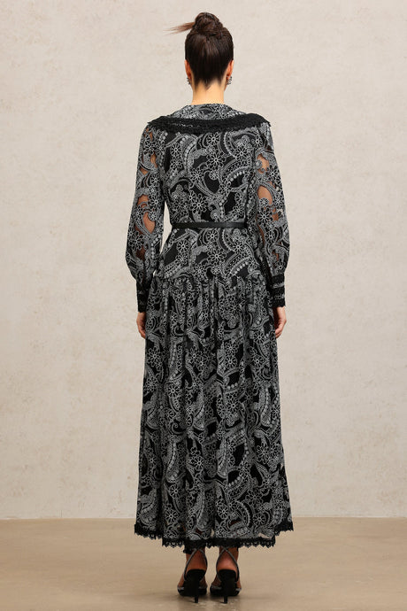 Natalina Black Lace Maxi Dress V-Neck Long Sleeve Formal Evening Events Fitted Waist