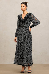Natalina Black Lace Maxi Dress V-Neck Long Sleeve Formal Evening Events Fitted Waist Captivating Pattern