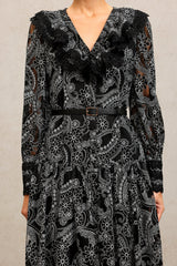 Natalina Black Lace Maxi Dress V-Neck Long Sleeve Fitted Waist Formal Evening Events Patterned