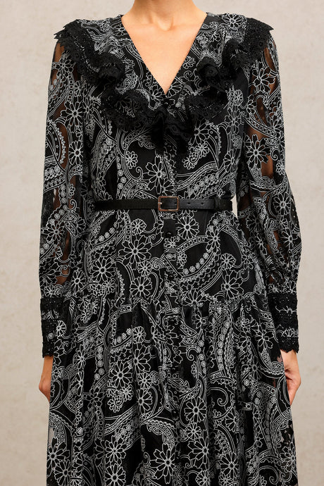 Natalina Black Lace Maxi Dress V-Neck Long Sleeve Fitted Waist Formal Evening Events Patterned