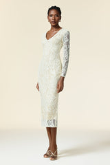 Natalina Ivory Embroidered Floral Maxi Dress V-neckline Long Sleeves Formal Evening Events Fitted Bodice Skirt Heels Accessories Classic Modern
