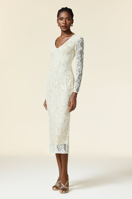 Natalina Ivory Embroidered Floral Maxi Dress V-neckline Long Sleeves Formal Evening Events Fitted Bodice Skirt Heels Accessories Classic Modern