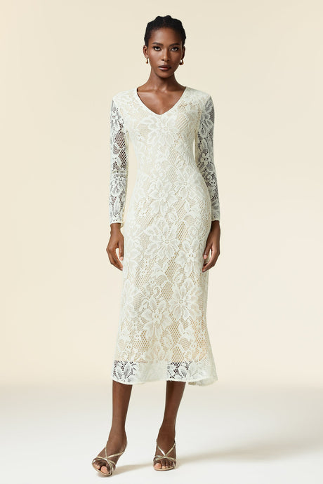 Natalina Ivory Floral Embroidered Maxi Dress with V-Neckline and Long Sleeves
