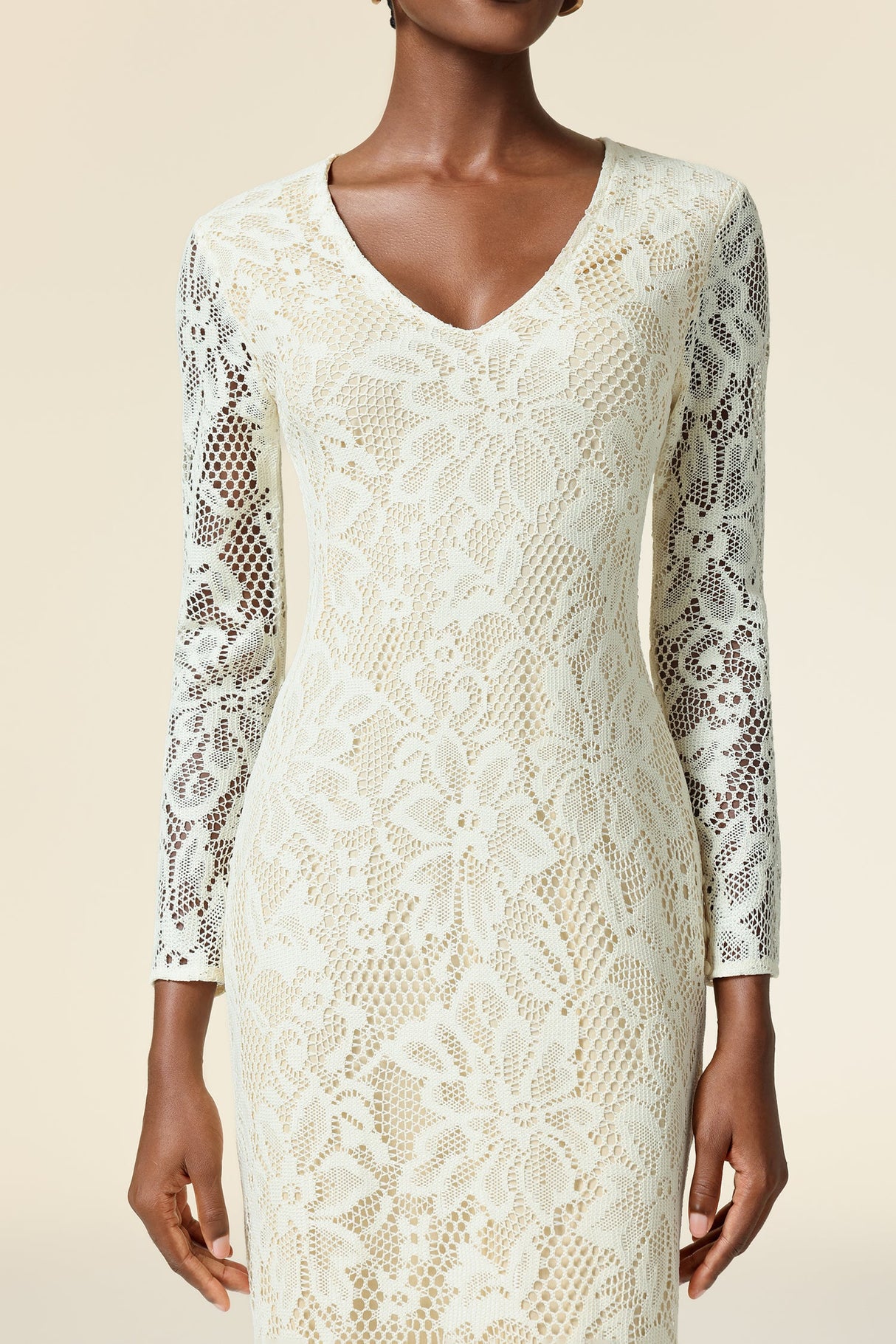 Natalina Ivory Floral Embroidered Maxi Dress with V-Neckline and Long Sleeves