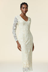 Natalina Ivory Maxi Dress with Floral Embroidery and V-Neckline