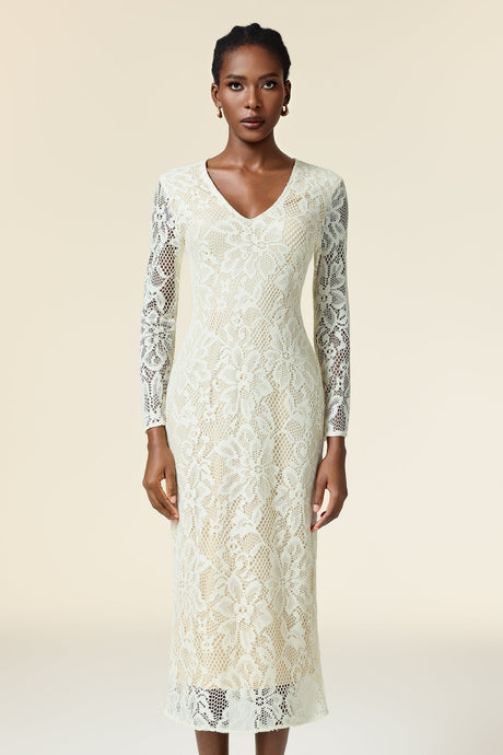 Natalina Ivory Maxi Dress with Elegant V-Neckline and Floral Embroidery for Formal Events