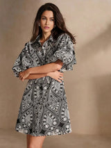 Natalina Midi Dress - Collared Neckline - Drop Shoulder Sleeves - Flared Hem - High Waist - Festival Ready