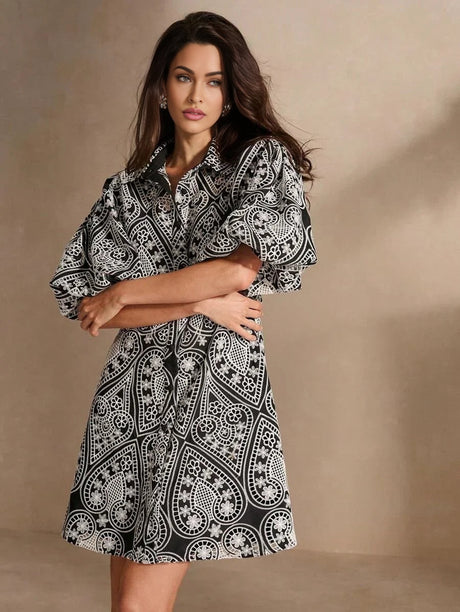Natalina Midi Dress - Collared Neckline - Drop Shoulder Sleeves - Flared Hem - High Waist - Festival Ready