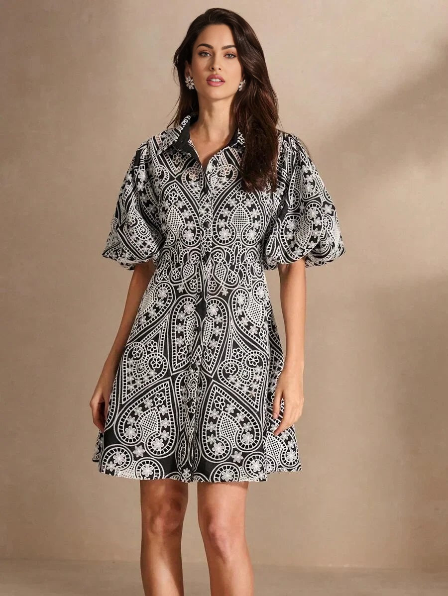 Natalina Midi Dress - Collared Neckline - Drop Shoulder Sleeves - Flared Hem - High Waist - Festival Ready