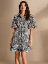 Natalina Midi Dress - Collared Neckline - Drop Shoulder Sleeves - Flared Hem - High Waist - Festival Ready