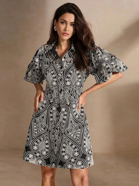 Natalina Midi Dress - Collared Neckline - Drop Shoulder Sleeves - Flared Hem - High Waist - Festival Ready