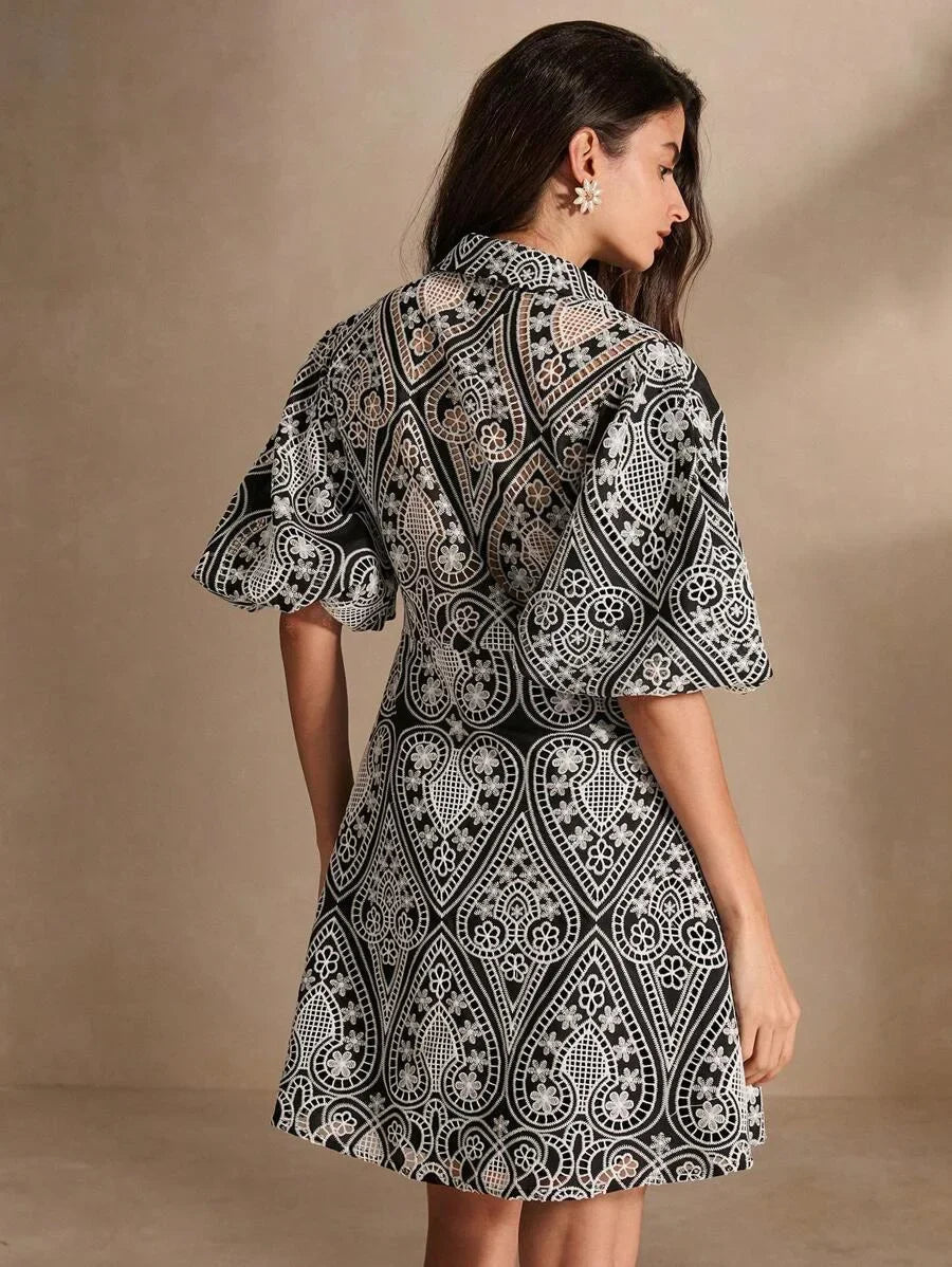 Natalina Midi Dress - Collared Neckline - Drop Shoulder Sleeves - Flared Hem - High Waist - Festival Ready
