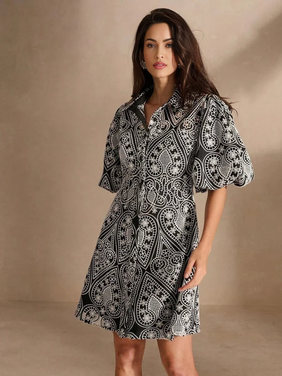 Natalina Midi Dress - Collared Neckline - Drop Shoulder Sleeves - Flared Hem - High Waist - Festival Ready