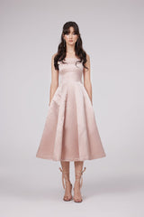 Natalina Midi Dress Pink Bowknot Strap Pleated Ankle Length