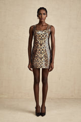 Natalina Mini Dress Brown Leopard Sequin Lace