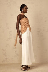 Natalina Top Brown Sequined Halter - neck Ruched Tulle Sparkle & Zip