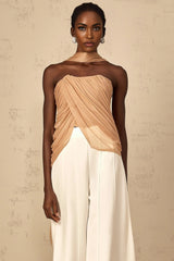 Natalina Top Brown Sequined Halter - neck Ruched Tulle Sparkle & Zip