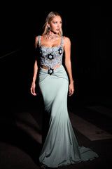 Natasha Green Embroidered Fishtail Dress